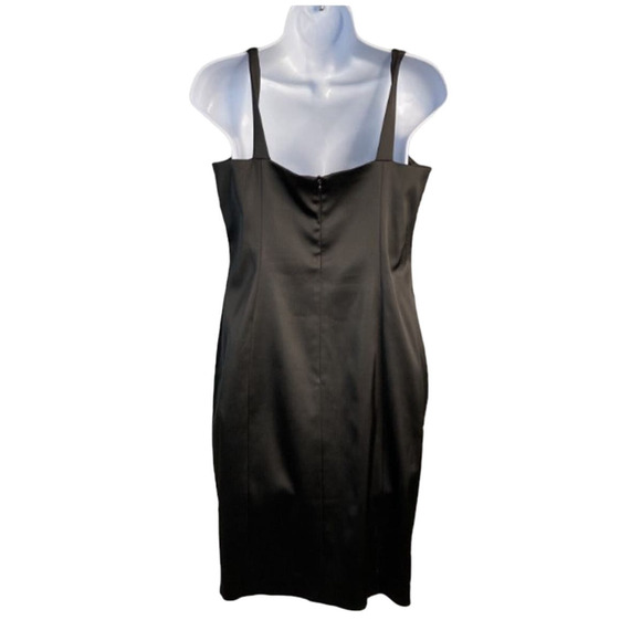 David Meister Black Cocktail Dress Square Neck Pleats Satin Slip LBD Sheath 10 - Picture 2 of 8